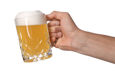 Man with glass mug of tasty beer on white background, closeup