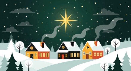Naklejka premium Flat illustration of a cozy winter village under a starry night sky with snow falling