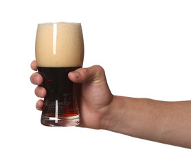 Man with glass of tasty beer on white background, closeup