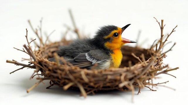 Newly hatched robin chick in a nest of twigs and leaves chirping for food in the early morning light