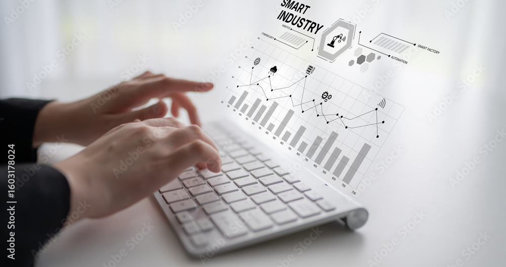 Poster smart industry dashboard combining automation, robotics, cloud integration, cybersecurity, and data 