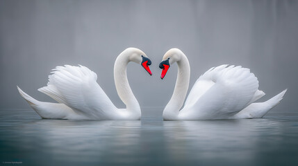 Two Graceful White Swans on a Misty Lake at Dawn