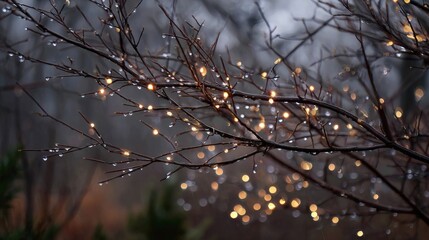 Christmas lights twinkling on tree branches, adding a festive touch to the surrounding dark winter landscape