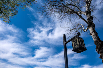 Traditional Chinese style street lamp. Lantern post with intricate patterns, blue cloudy sky. China.