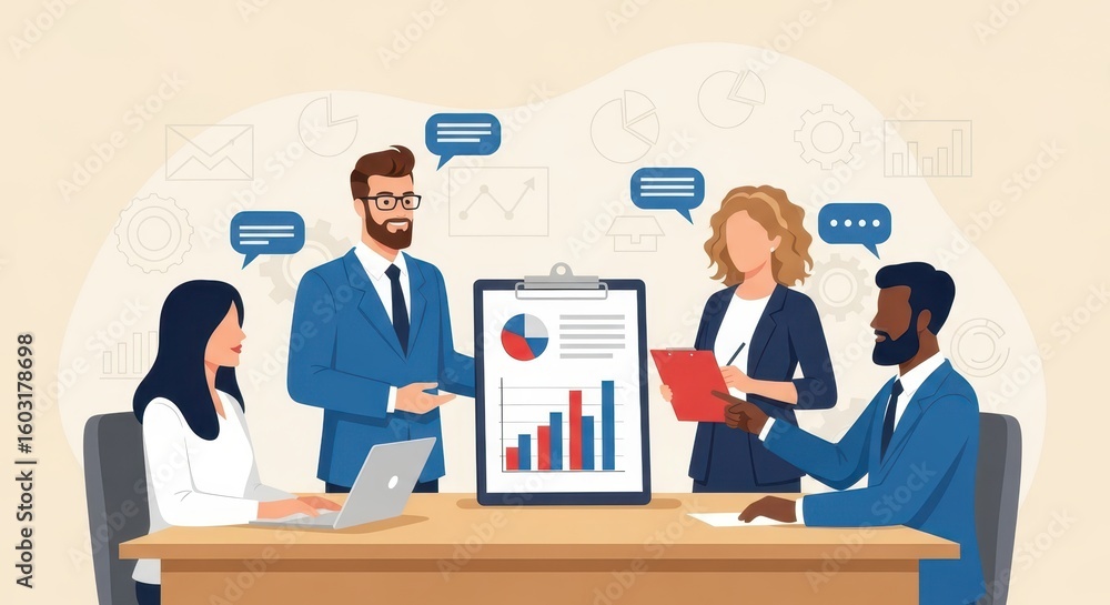 Poster flat illustration of a diverse team of professionals collaborates around a table analyzing charts an