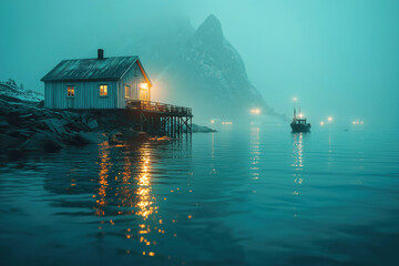 Fototapeta premium Illuminated fishing hut on stilts in a misty fjord at twilight with fishing boats returning home