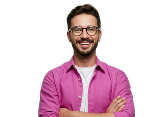 Smiling man with glasses and pink shirt isolated on transparent background