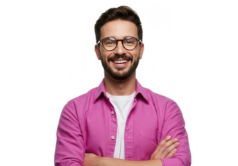 Smiling man with glasses and pink shirt isolated on transparent background
