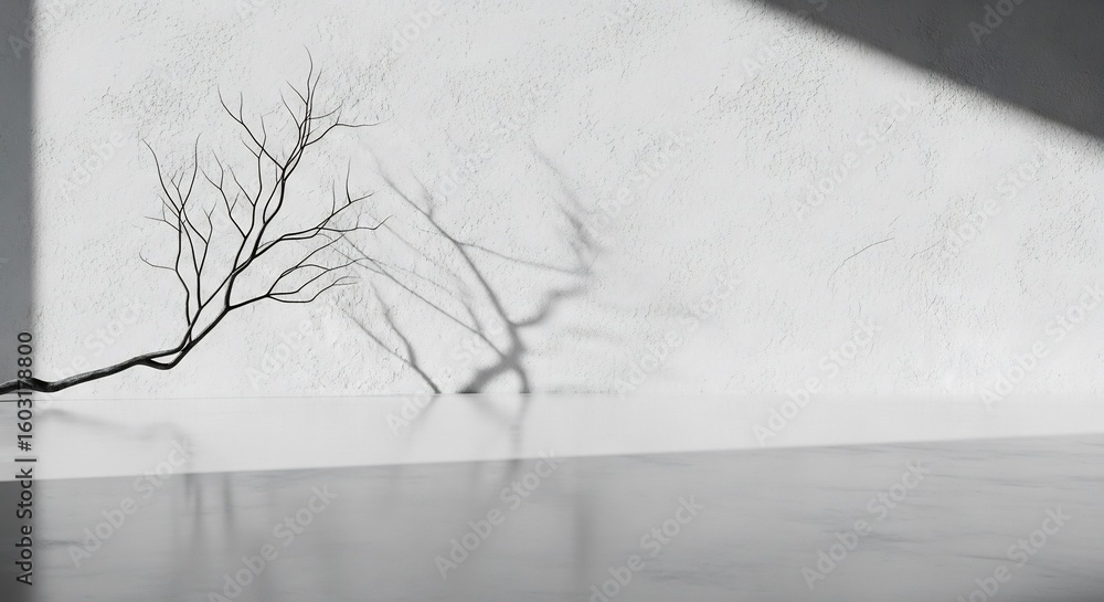 Poster abstract minimalist background with a dry tree branch leaning against a white plaster wall. sunlight