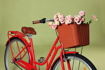 Bicycle with basket of beautiful flowers on green background