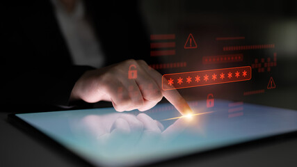 Password security breach warning with red asterisk box, cybersecurity alert, lock icons, and...