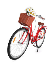 Bicycle with basket of beautiful flowers isolated on white