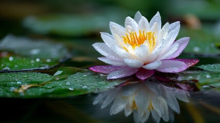 Close-up of a lotus flower with raindrops on its petals and leaves, surrounded by the reflective surface of a tranquil pond