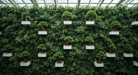 A wall of green foliage with bonsai trees in white pots under a glass roof in a greenhouse setting