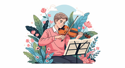 Young Man Serenading with Violin Amidst Blooming Flowers