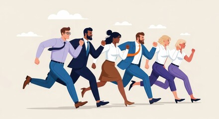 Fototapeta premium Flat illustration of a diverse group of business professionals running forward together