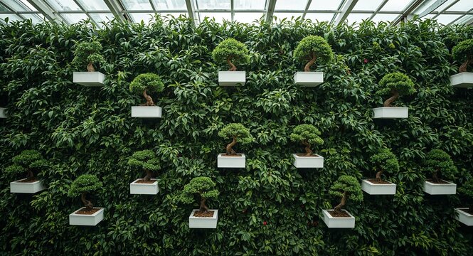 A wall of green foliage with bonsai trees in white pots under a glass roof in a greenhouse setting