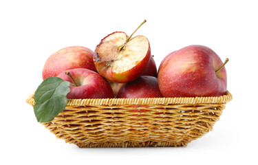 Spoiled apple and good ones in basket isolated on white