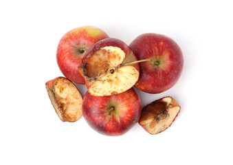 Spoiled apple and good ones isolated on white, top view