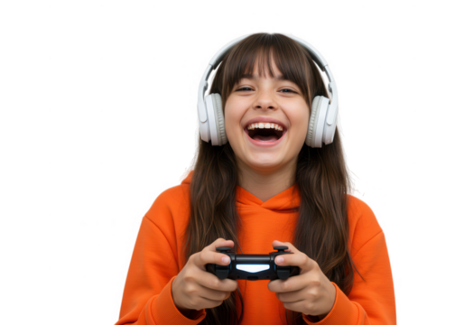 Excited girl with headphones playing with controller isolated on transparent background - Powered by Adobe