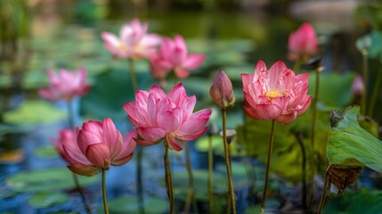 Cluster of lotus flowers in various stages of bloom, surrounded by lush green leaves in a quiet, natural pond setting