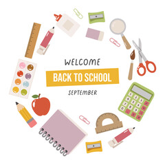 Back to school doodle elements. Supplies background. School supplies illustration. Stationery