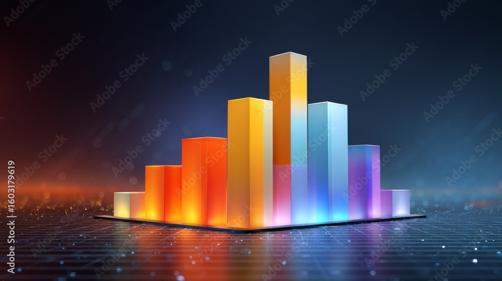 Poster colorful d bars rising from a digital grid floor, with subtle lighting and a gradient background to 