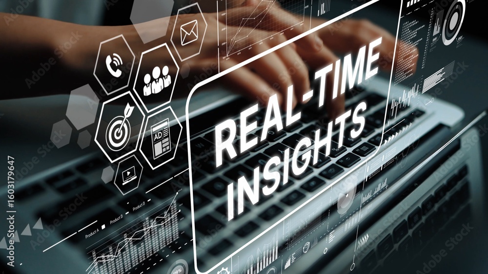 Poster Hands Typing on Laptop with Digital Graphics Representing Real-Time Data Insights and Analytics. Asymptotic smart data analytic.