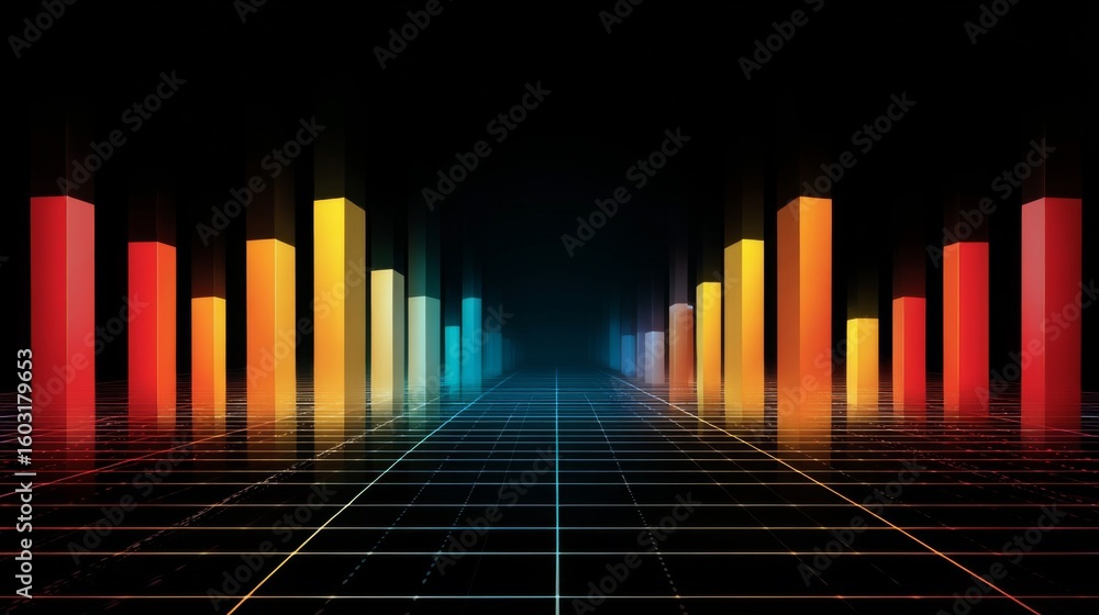Poster colorful d bars rising from a digital grid floor, with subtle lighting and a gradient background to 