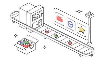 Fototapeta premium Minimalist Factory Producing Mobile Applications on Conveyor Belt - Digital Product Development Concept - EPS Vector