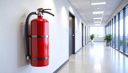 Red fire extinguisher on a wall in an office hallway