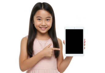 Smiling girl points to blank screen of tablet isolated on transparent background