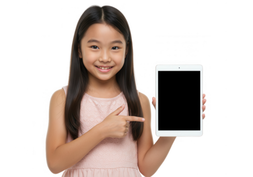 Smiling girl points to blank screen of tablet isolated on transparent background