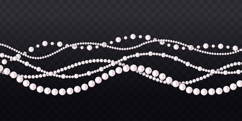Multiple strands of shiny white pearls in wavy alignment, realistic graphic style, on transparent checkered dark background. Concept of luxury. Vector illustration