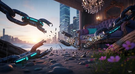 Naklejka premium Breaking Chain on Beach with City View Luxury Meets Freedom