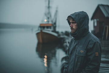 Fisherman wearing rain jacket standing at harbor during foggy day