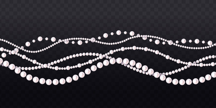 Multiple strands of shiny white pearls in wavy alignment, realistic graphic style, on transparent checkered dark background. Concept of luxury. Vector illustration