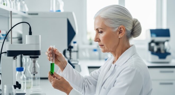 A focused senior female scientist meticulously holds a test tube with green liquid next to laboratory equipment, representing scientific research, experimentation, chemistry, and dedicated professiona