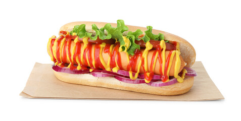 Tasty hot dog with vegetables, mustard and ketchup isolated on white