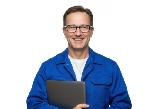 Smiling man in blue workwear holding laptop isolated on transparent background