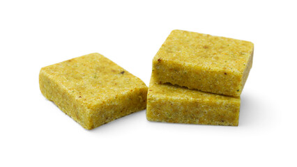 Tasty aromatic bouillon cubes isolated on white