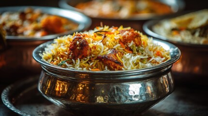 High-quality photo of spicy chicken biryani cuisine in a shiny silver bowl, authentic Indian food, serving fancy food in a restaurant.