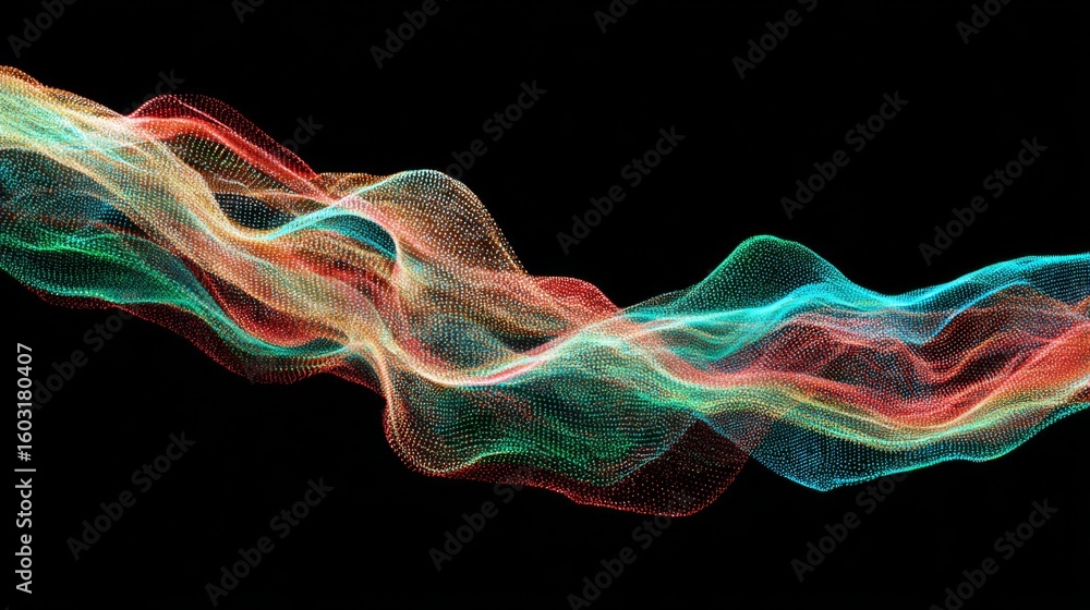 Poster dynamic data wave in vibrant neon colors, representing digital information flow on a black backgroun