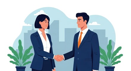 Flat illustration of a man and a woman shake hands in front of a cityscape