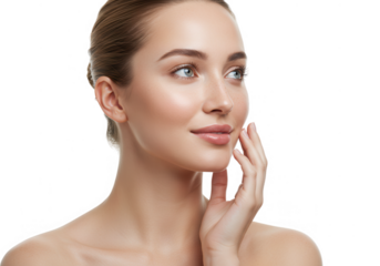 Elegant woman touching face with hand isolated on transparent background