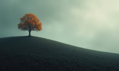 A single tree with golden-orange leaves on a curved hill under a moody overcast sky.