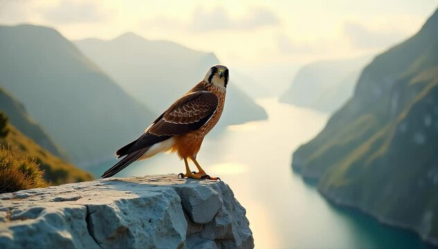 Peregrine falcon walking on rocky ledge