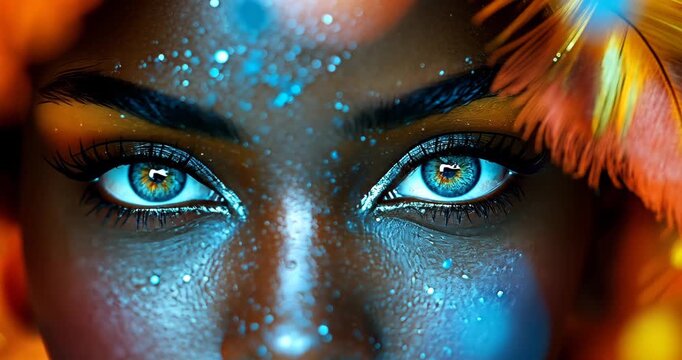 Close-up of a woman's face with vibrant makeup, feathers, and captivating blue eyes.