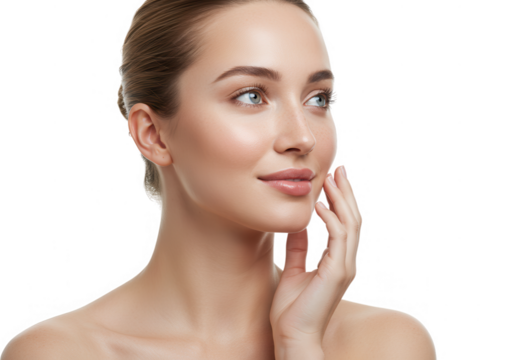 Elegant woman touching face with hand isolated on transparent background