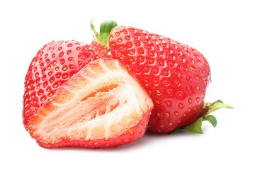 Whole and cut strawberries isolated on white